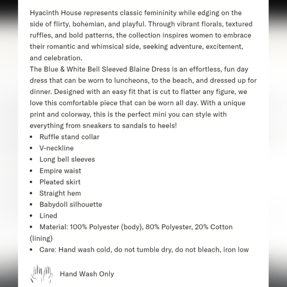 New With Tags HYACINTH HOUSE Blue & White Bell Sleeved Blaine Mini Dress Size XS - Picture 7 of 16